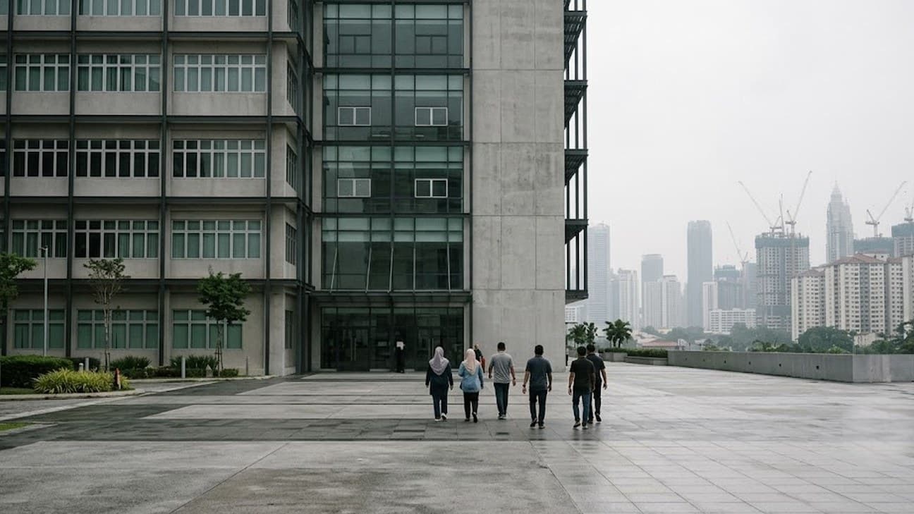 A wide editorial photograph of a Johor Bahru civic building at overcast midday, a small group of anonymous people crossing a plaza in front of it, distant and small in frame, hazy skyline of cranes and towers behind, no legible text, flags, or party symbols.