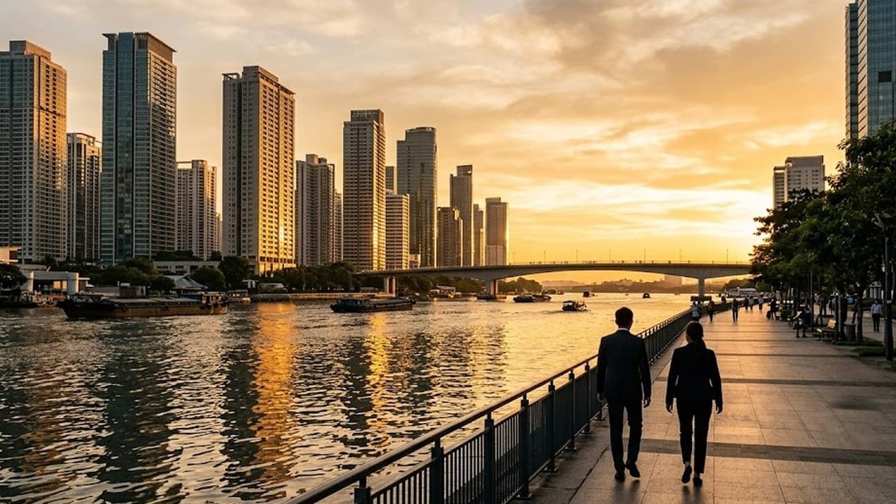 A wide editorial photograph of a Da Nang riverside financial-district skyline at golden hour, two anonymous conference attendees walking along a waterfront promenade in the middle distance, warm light on glass towers, no legible text or logos.