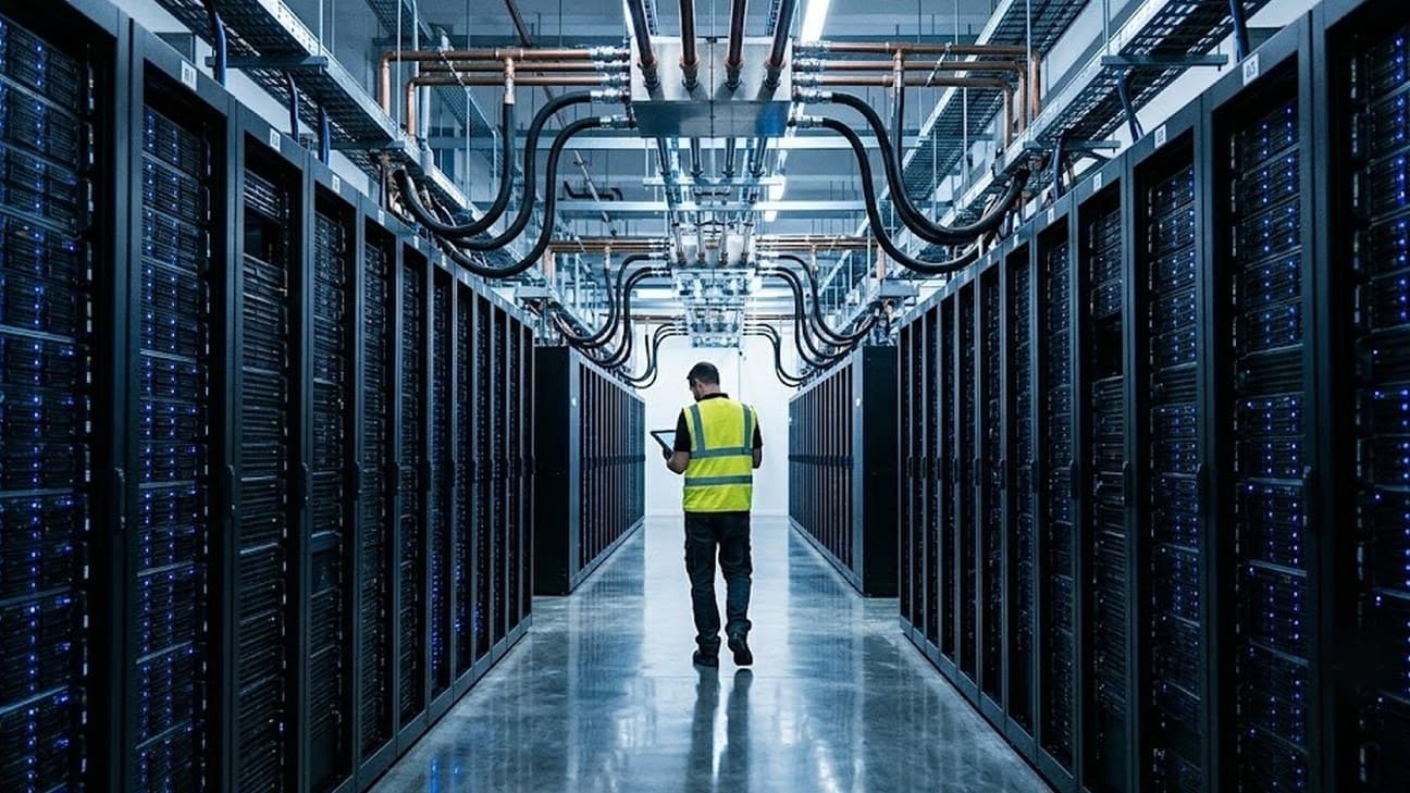 A technician in a hi-vis vest walks away down a data-centre server aisle checking a tablet, high-density racks with blue LED status lights on both sides and exposed overhead liquid-cooling manifolds