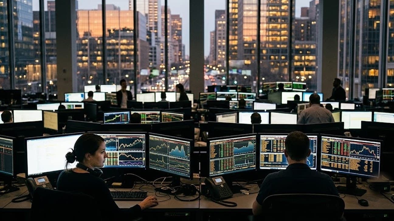 A busy trading floor at dusk, analysts seated at multi-monitor desks showing abstract market charts, a city skyline glowing through floor-to-ceiling windows behind