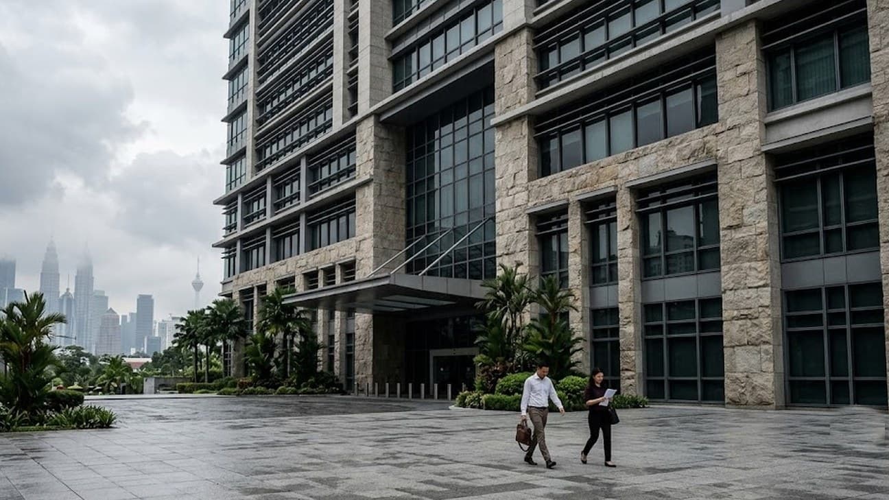 Regulator building facade in Kuala Lumpur with office workers crossing the forecourt at midday