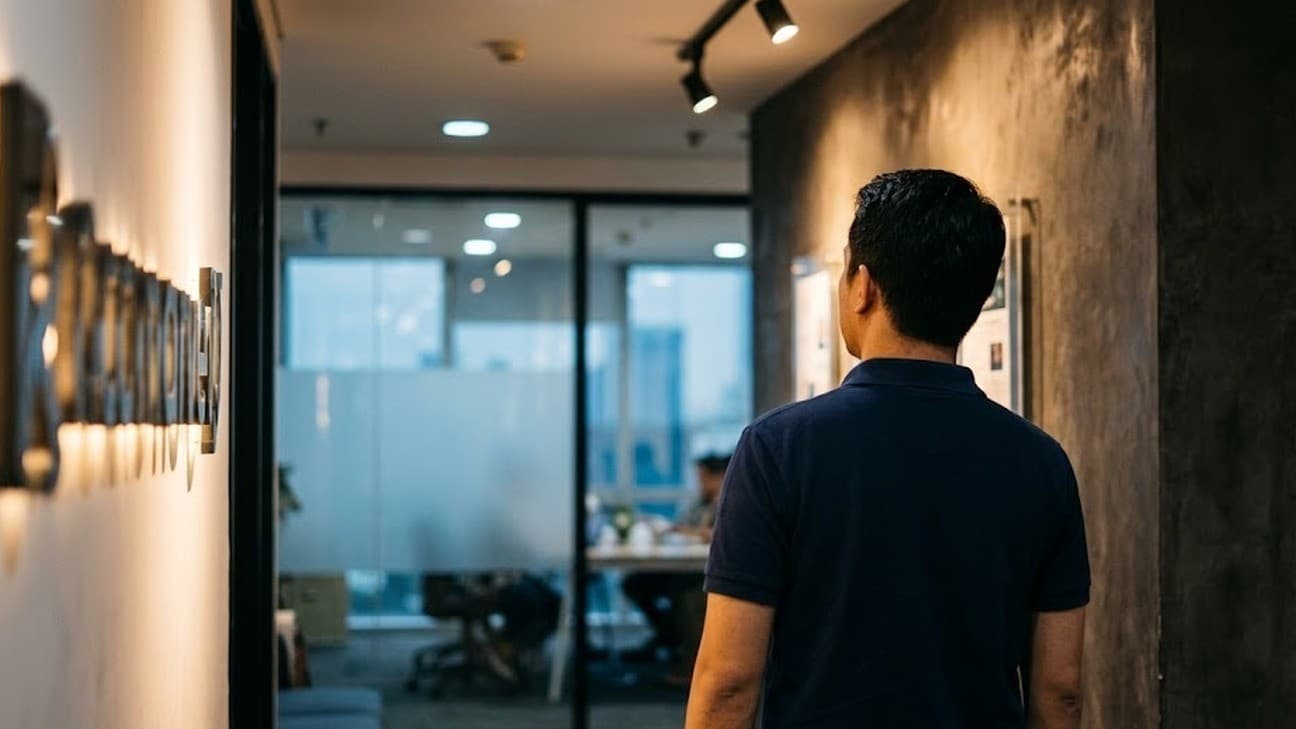 A wide editorial photograph of a fintech exchange office corridor at evening, an anonymous employee seen from behind walking toward a glass-walled meeting room, warm track lighting on a dark concrete accent wall, no legible text or logos.