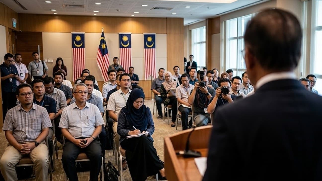 A wide editorial photograph of a Malaysian government press briefing shot over the shoulder of an anonymous official at a lectern, with rows of seated journalists facing him and taking notes or photographs, Malaysian national flags on the wall behind them, no legible text or logos.