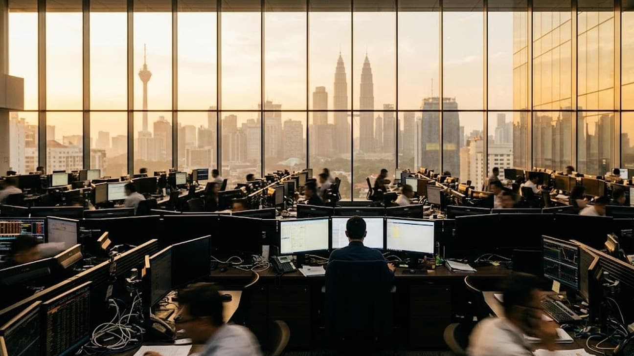A wide editorial photograph of a trading operations floor at golden hour, rows of dark monitors reflecting a warm amber Kuala Lumpur skyline through floor-to-ceiling glass, an anonymous analyst seen from behind at a desk lit by monitor glow, no legible text or logos.