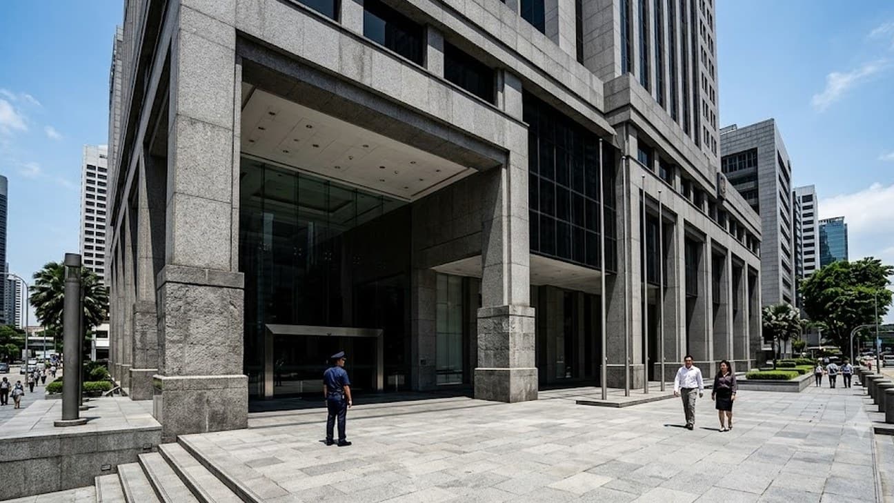 A wide editorial photograph of an institutional financial-district building facade under hard midday sun, an anonymous security guard in dark uniform standing near the entrance plaza with two office workers walking past in the middle distance, no legible text or logos.