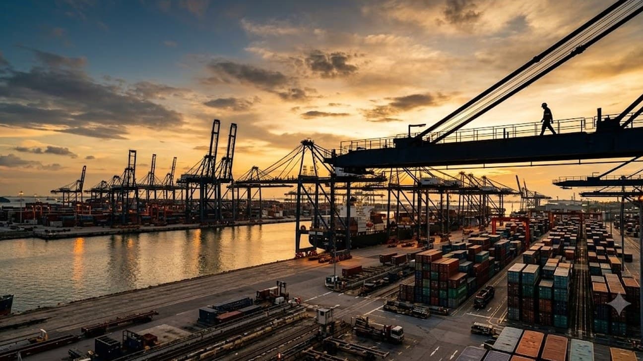 A wide editorial photograph of container cranes over a bulk shipping terminal at golden hour, an anonymous dock worker in silhouette crossing a gantry against the sky, no legible text or logos.