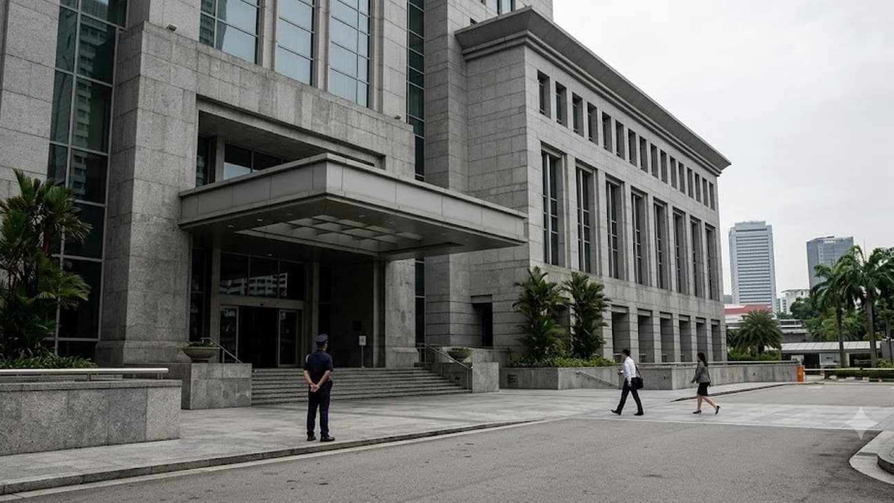A wide editorial photograph of a government regulatory building facade under overcast midday light, an anonymous security guard standing near the entrance with two office workers walking past in the middle distance, no legible text or logos.