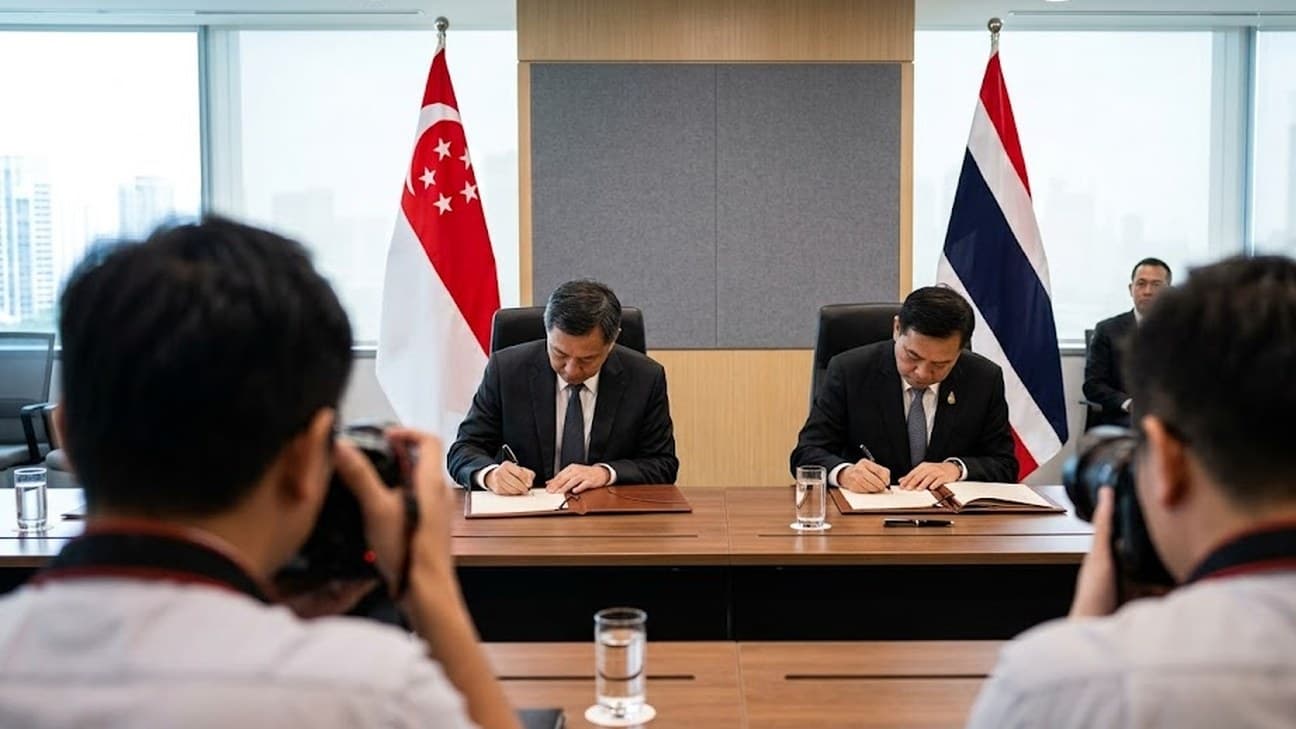 A wide editorial photograph of a formal central-bank signing ceremony in a modern conference room, two officials seated at a long table signing bound documents with heads bowed, flanked by the Singapore and Thai national flags, press photographers seen from behind in the foreground, no legible text or logos.