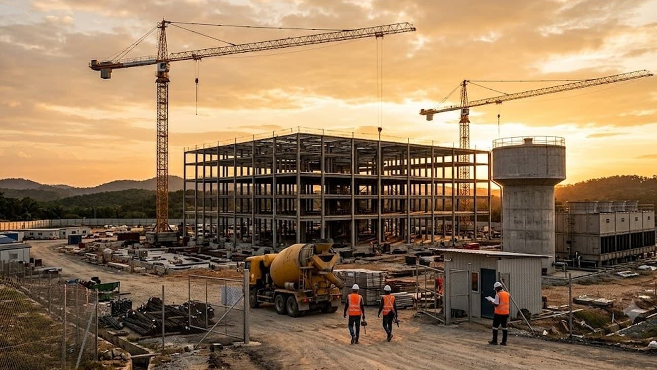 A wide golden-hour photograph of a data-centre campus construction site in Johor, Malaysia. Two tower cranes of different heights flank a partially completed multi-storey steel-framed server-hall building, its bare structural skeleton lit by warm low-angle sunlight. A concrete mixer truck is parked near the site entrance beside stacked rebar, and an unmarked concrete water tower with adjacent cooling-tower units stands to one side of the frame. Near the perimeter fencing, three construction workers in orange hi-vis vests and white hard hats are visible from behind and in side profile, faces not shown — two walking together and one standing near the site gate.