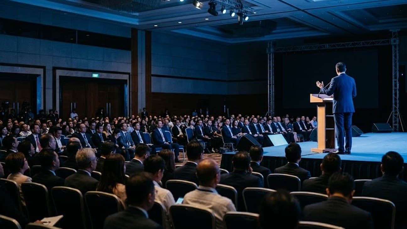 A wide editorial photograph from the back of a convention-centre ballroom during a financial-sector policy symposium, an anonymous official in a dark suit seen from behind mid-gesture at a lectern on a blue-lit stage, rows of seated attendees in soft focus in the foreground, no legible text or logos.