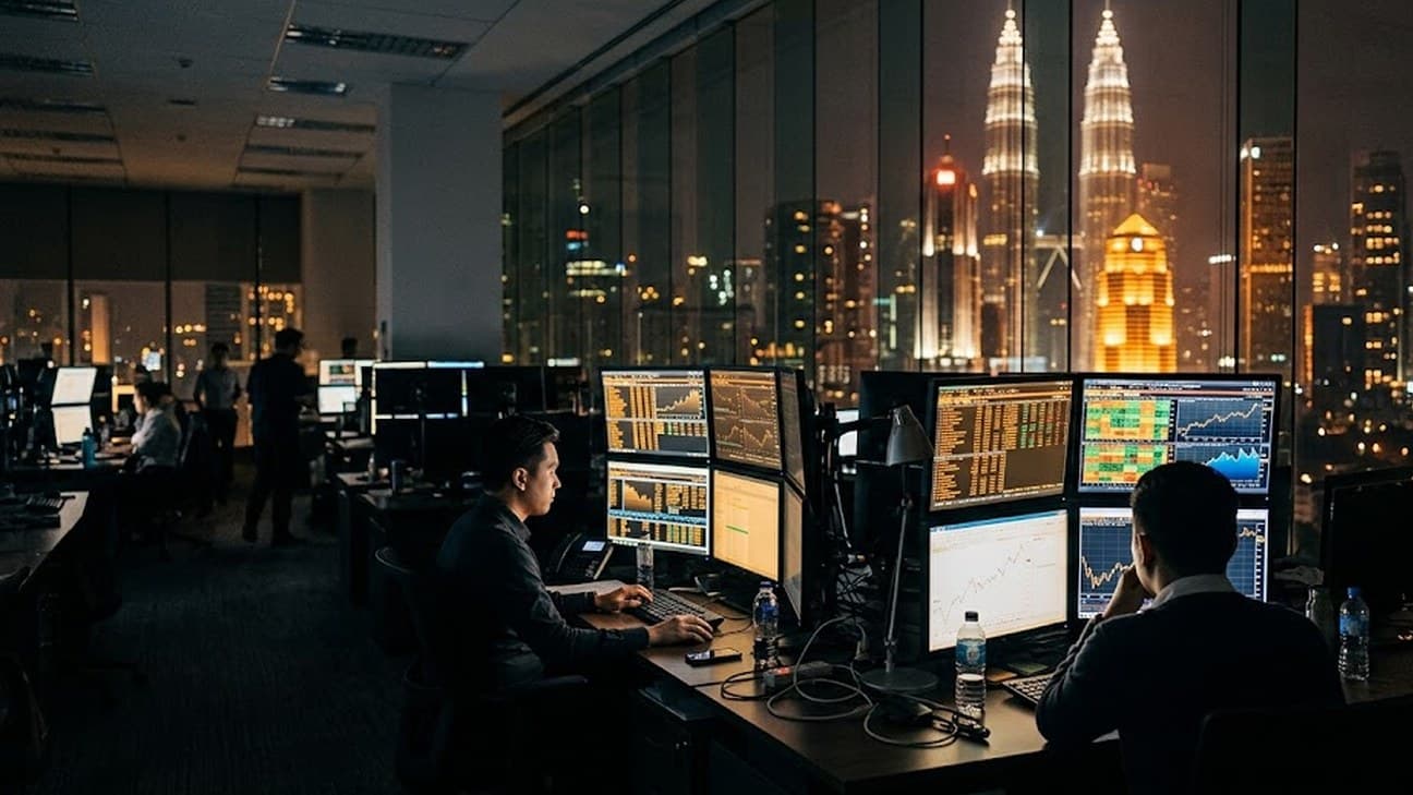 Wide editorial photograph of a stock exchange trading operations floor in Kuala Lumpur at night, two analysts seated at multi-monitor desks seen from behind, warm amber glow of the illuminated city skyline and the Petronas Towers visible through floor-to-ceiling windows.
