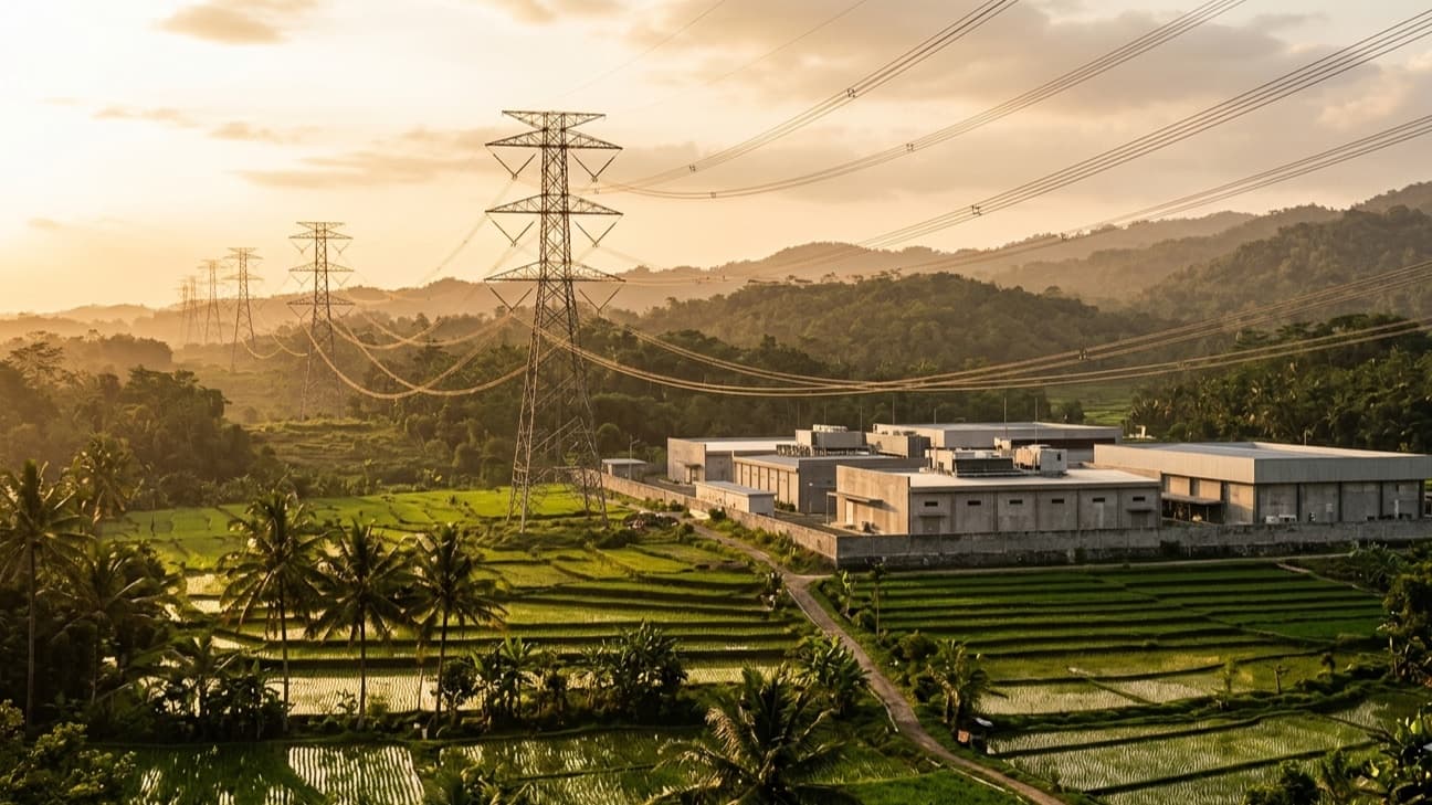 Editorial photograph of high-voltage electricity transmission towers and power lines stretching across a tropical Indonesian landscape at golden hour, with a low-rise industrial data-centre campus visible in the distance, no people in frame.