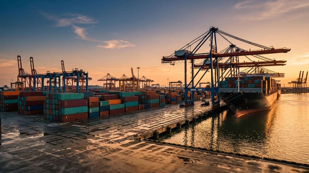 Editorial photograph of a container shipping terminal at golden hour, with ship-to-shore gantry cranes towering over rows of stacked multicoloured shipping containers and a large container vessel berthed alongside calm harbour water reflecting warm amber light, no people in frame.