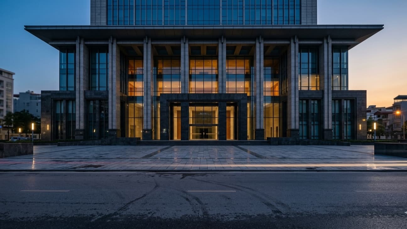 The imposing stone-and-glass facade of a national securities and finance regulator headquarters at blue hour, warm interior light glowing behind tall columns above an empty granite forecourt.
