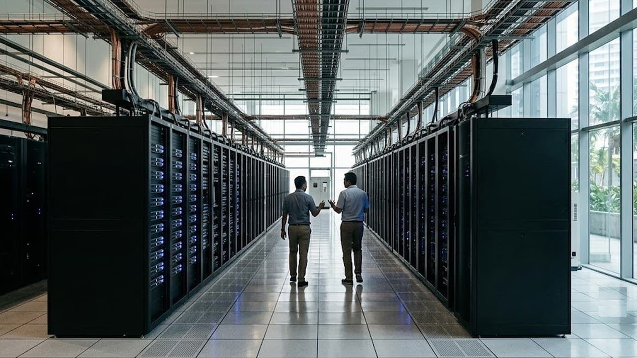 Two technicians walk together mid-conversation down the aisle of a daylight enterprise data-centre hall in Malaysia, rows of black server cabinets with blue status LEDs, palm trees visible through the glass facade