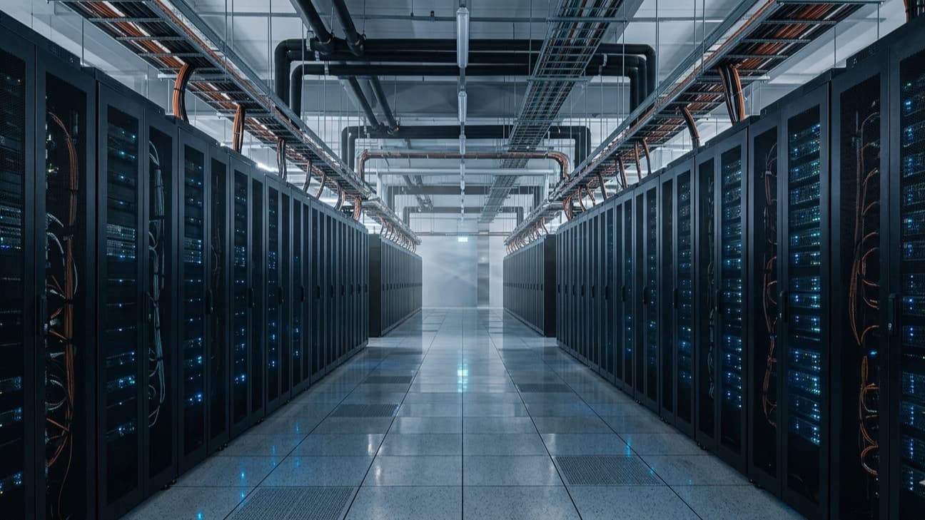 Wide establishing shot down the central corridor of a modern hyperscale data centre, tall black server racks studded with blue status LEDs receding into the distance on both sides, exposed overhead copper cooling pipes and cable trays running along the ceiling, reflected on a polished raised-access floor.