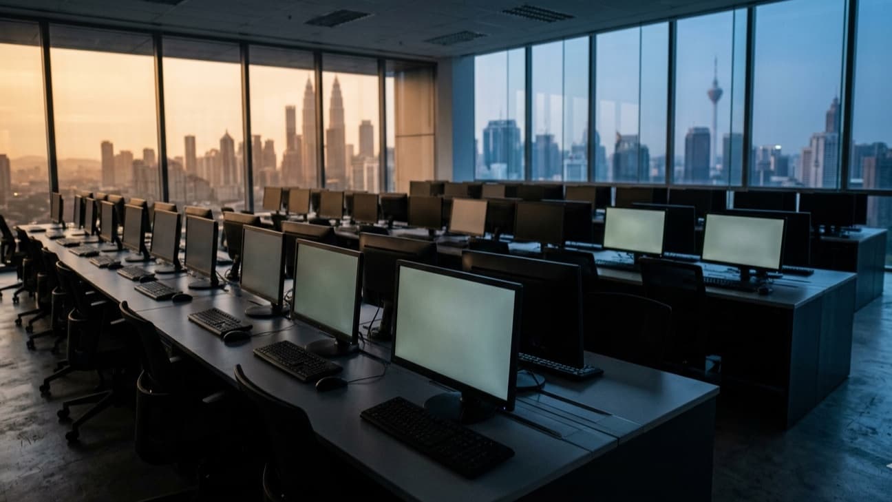 Rows of dark trading monitors on an Asian dealing floor at first light, with a warm amber city skyline visible through floor-to-ceiling glass.