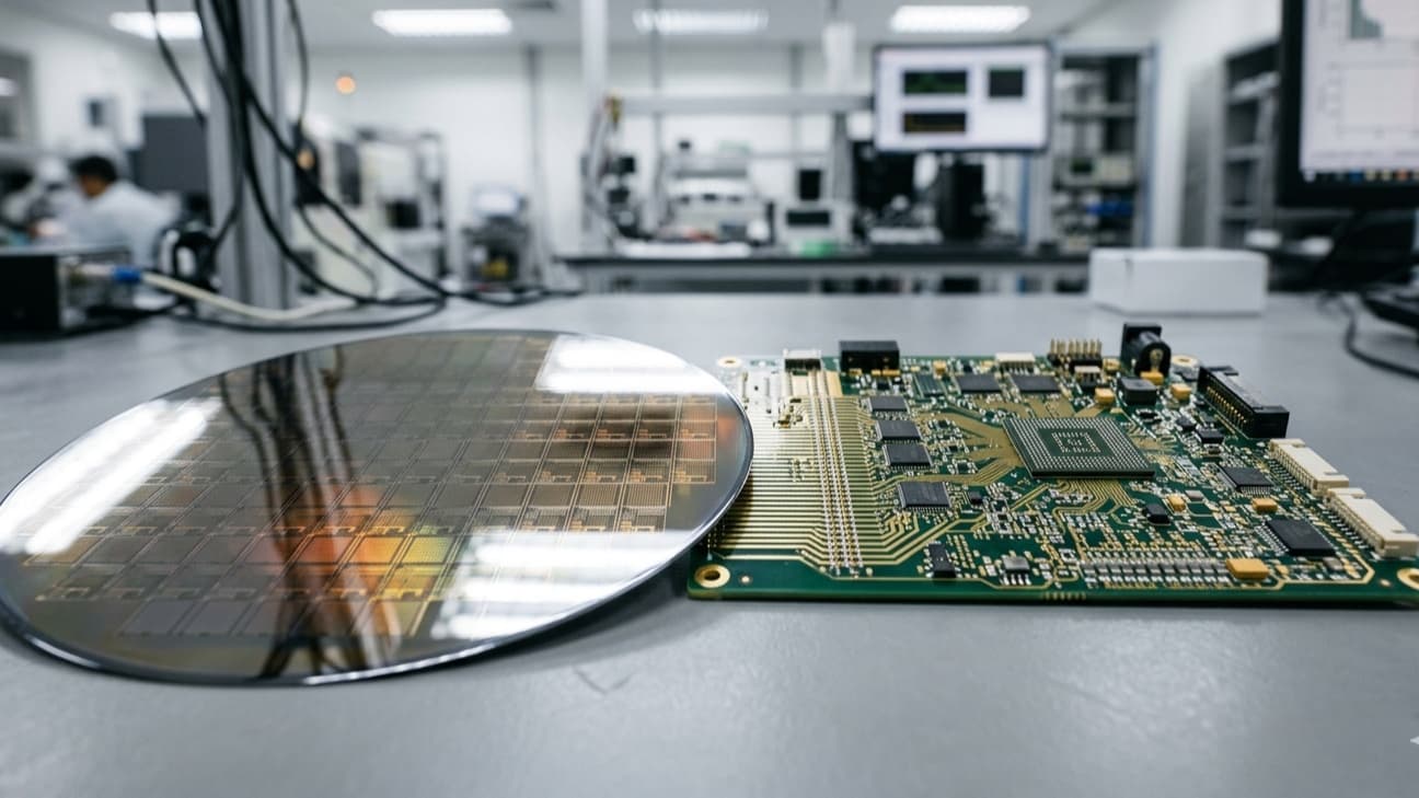 Close-up of a silicon wafer and semiconductor design hardware under bright fluorescent light in a Malaysian chip-design lab, shallow depth of field.