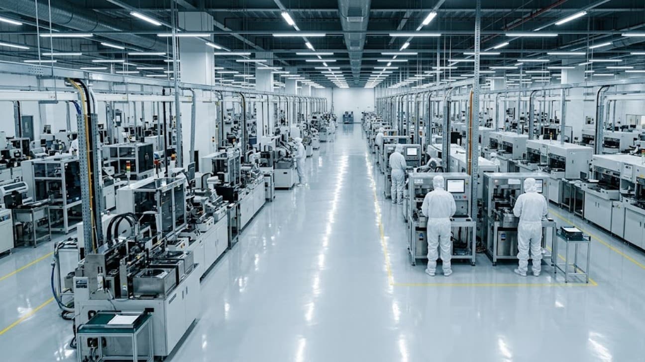 Wide view of a modern semiconductor assembly-and-test factory floor in Vietnam, with rows of automated chip-packaging machines under bright fluorescent light and technicians in white cleanroom suits at distant stations.