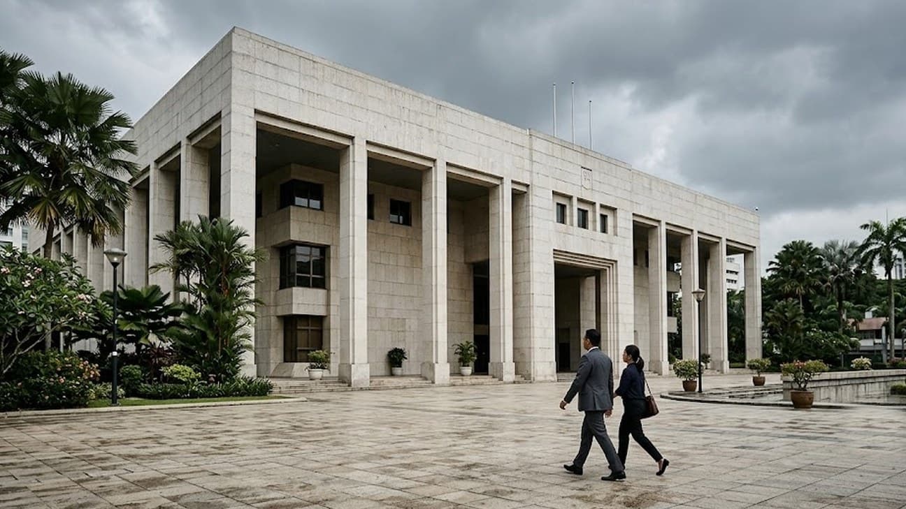 Two office workers walk across the forecourt of a Southeast Asian central bank headquarters in Kuala Lumpur, its pale-stone facade and colonnade fronted by tropical landscaping under an overcast sky.