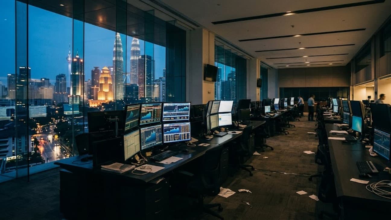 A modern stock-exchange trading floor in Kuala Lumpur at blue hour, with rows of monitors displaying financial charts and the Petronas Towers skyline visible through floor-to-ceiling glass.