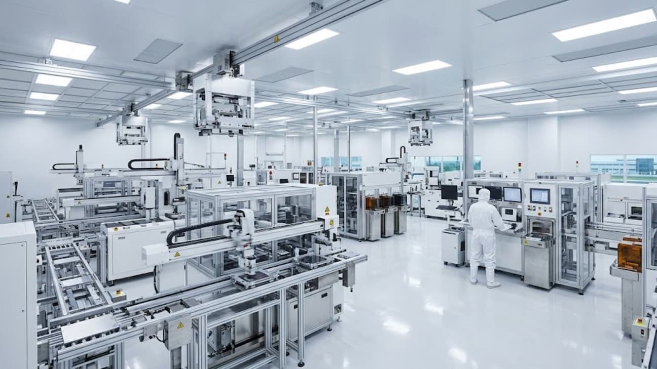 High-density semiconductor packaging cleanroom at an advanced IC-substrate plant in Kulim, Malaysia, under bright fluorescent light.