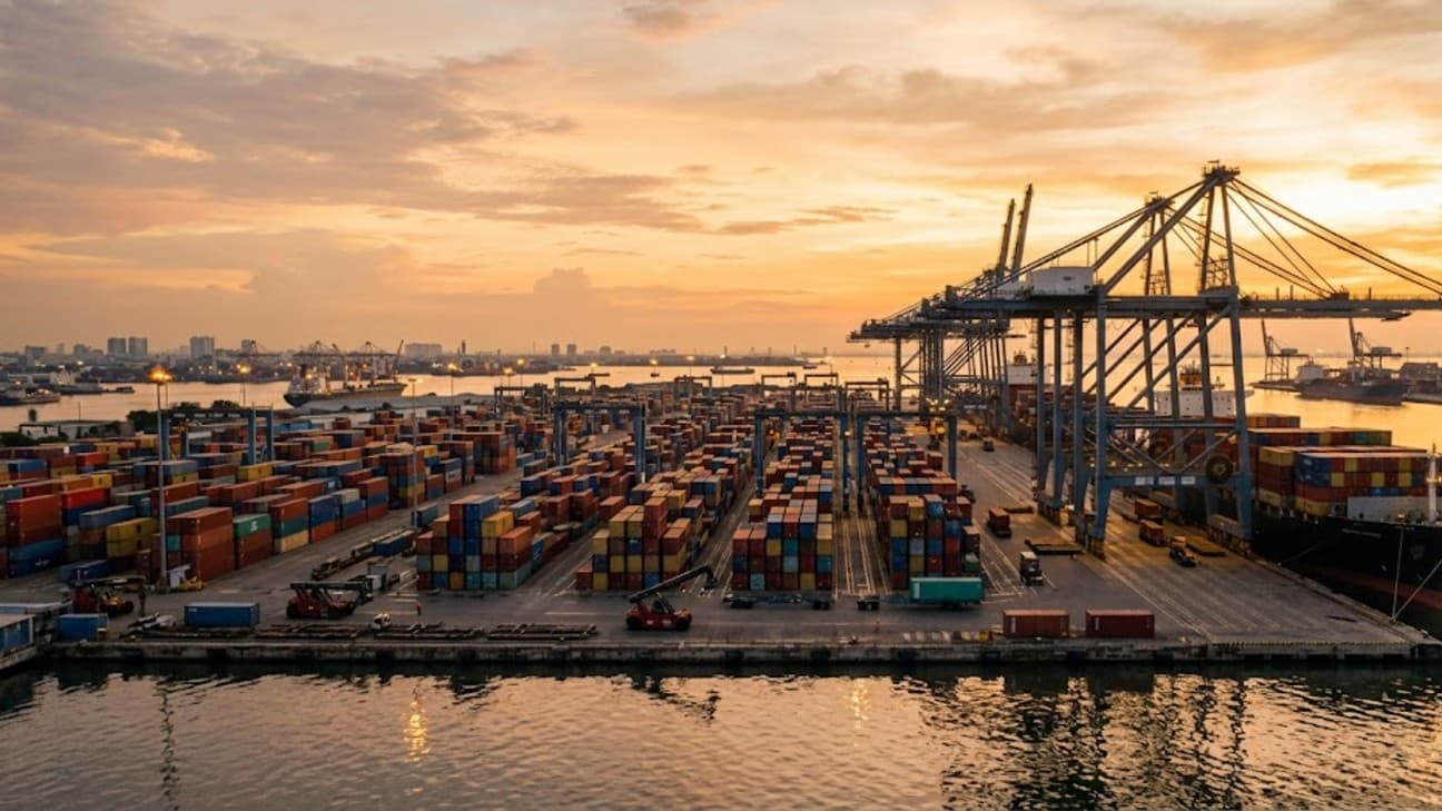 Container cranes and stacked freight at an Indonesian port terminal at golden hour, with calm water reflecting the industrial waterfront.