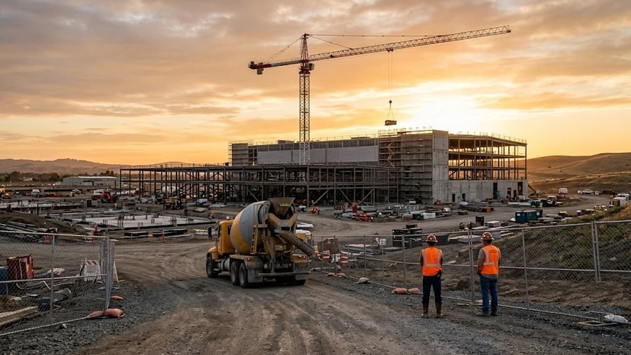 An active data-centre campus construction site at golden hour, a tower crane and concrete mixer truck beside a partially completed steel-framed building, two hi-vis construction workers near the site entrance