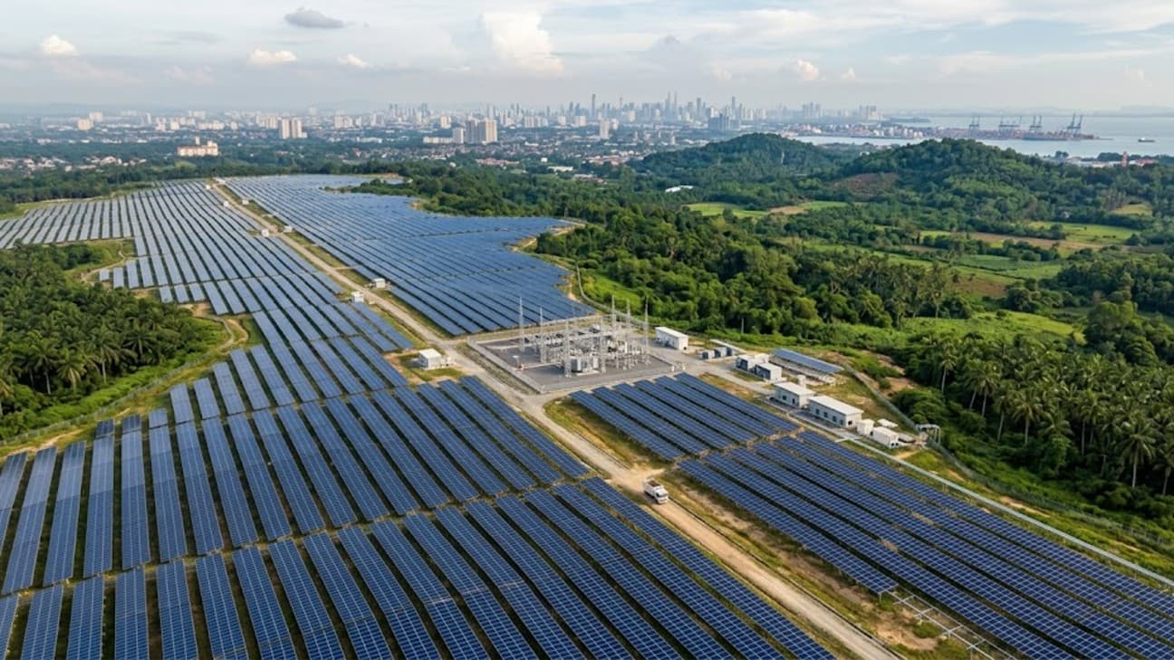 An aerial view of a large utility-scale solar photovoltaic farm in Southeast Asia, with rows of panels stretching toward green hills and a distant city skyline.