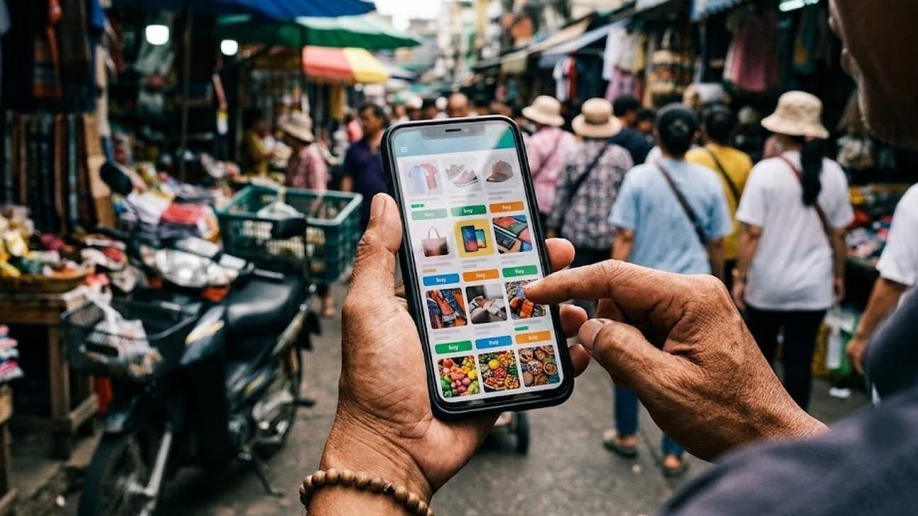 A shopper's hands hold a smartphone showing a grid of colorful product photos on an e-commerce app, in a busy Southeast Asian street market with a parked motorbike and pedestrians.