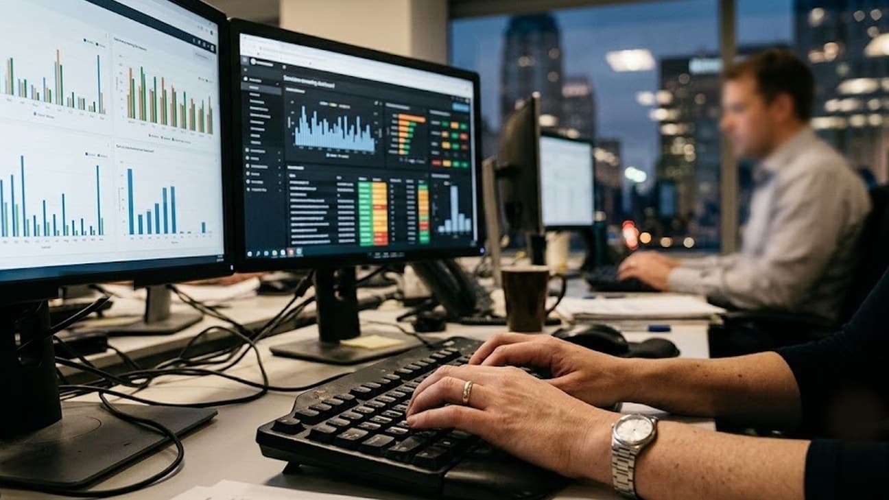 A compliance analyst's hands type at a keyboard before dual monitors showing an abstract sanctions-screening dashboard, a colleague blurred at another workstation, city skyline glowing through the window behind