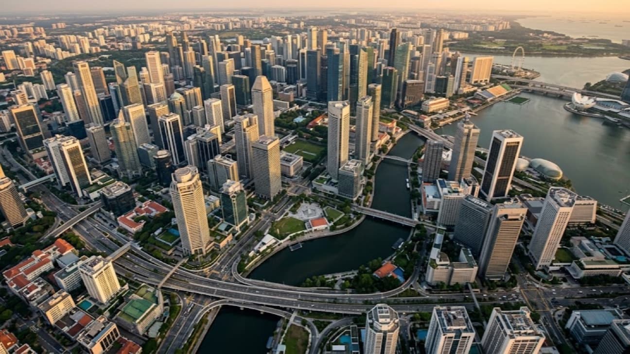 High-altitude aerial view of Singapore's financial district at golden hour, with glass-and-steel towers ringing the Singapore River bend and Marina Bay beyond.