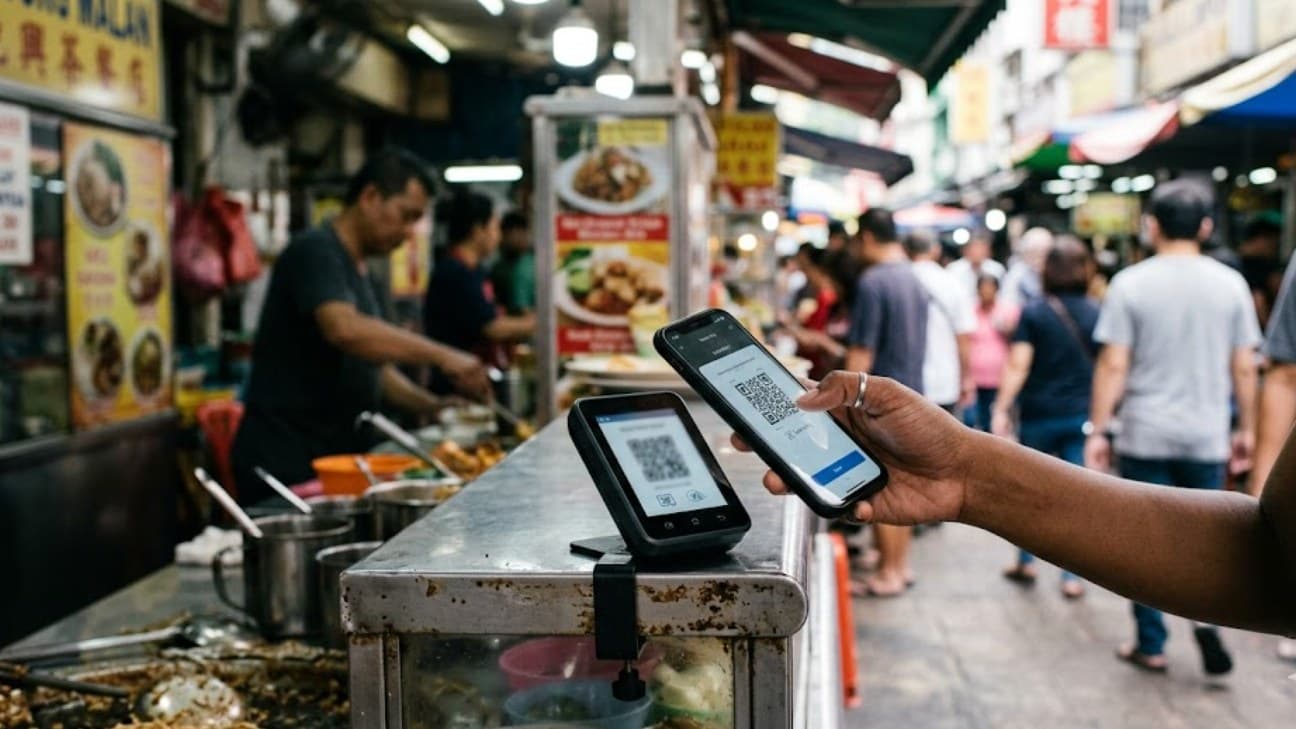 A customer holds a smartphone showing a mobile-wallet QR payment screen up to a contactless payment terminal clamped to a hawker stall counter in a busy Kuala Lumpur street-food lane.