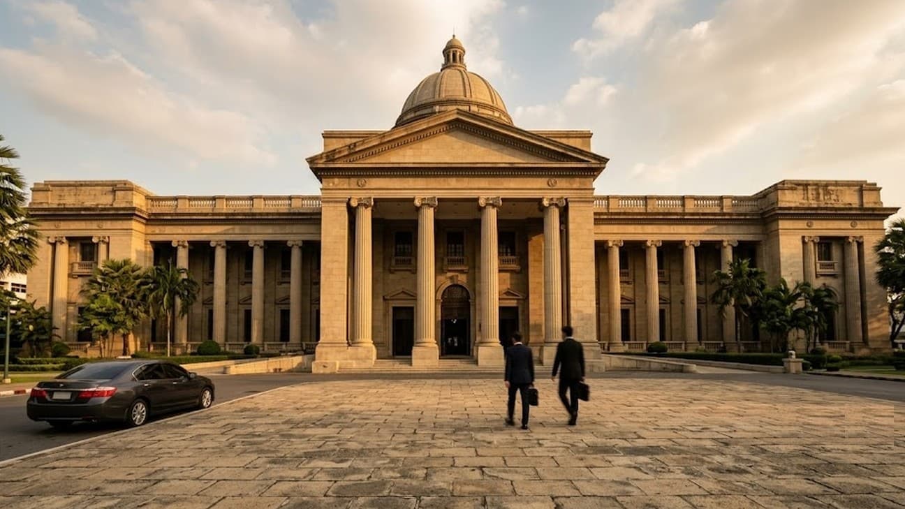 Two office workers walk across the forecourt of a neoclassical central bank headquarters in Bangkok at golden hour, a car parked at the curb, tall columns and a central dome behind