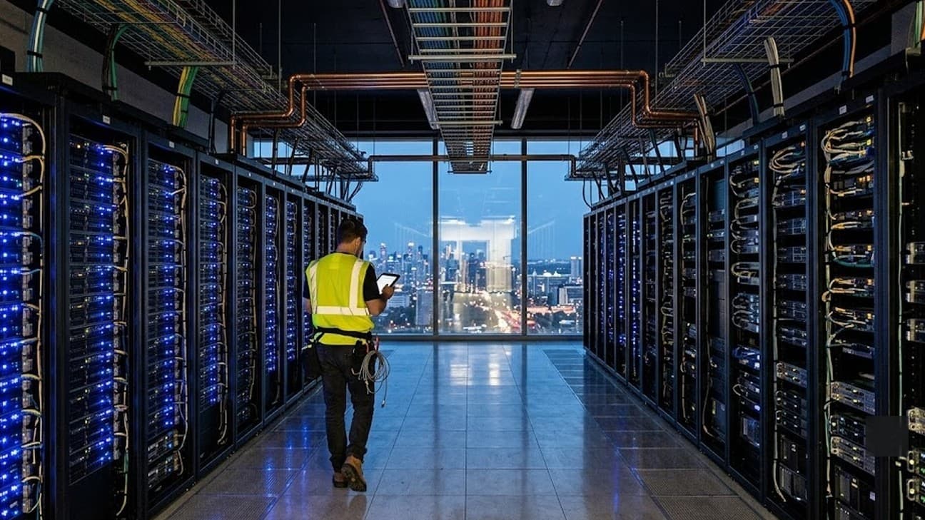 A technician in a hi-vis vest walks down a high-density data-centre corridor checking a tablet, a city skyline glowing through a glass wall at the far end
