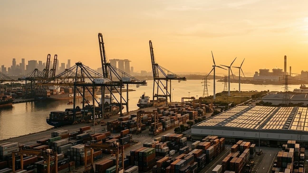 Container cranes over a bulk terminal on an industrial waterfront at golden hour, stacked shipping containers in the foreground, calm water reflecting the warm sky, and a power-plant skyline in the distance.