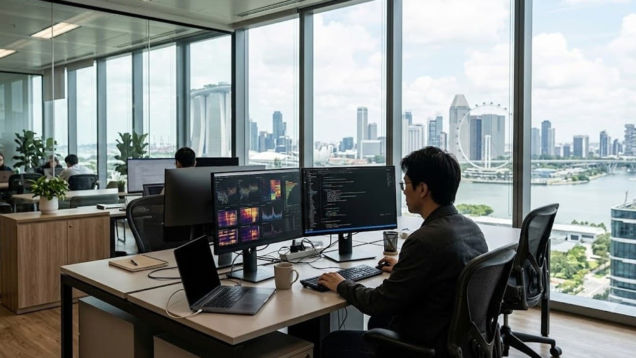 A researcher works at a multi-monitor workstation in a daylight AI research office in Singapore, a colleague visible in the background, the Singapore skyline through floor-to-ceiling windows