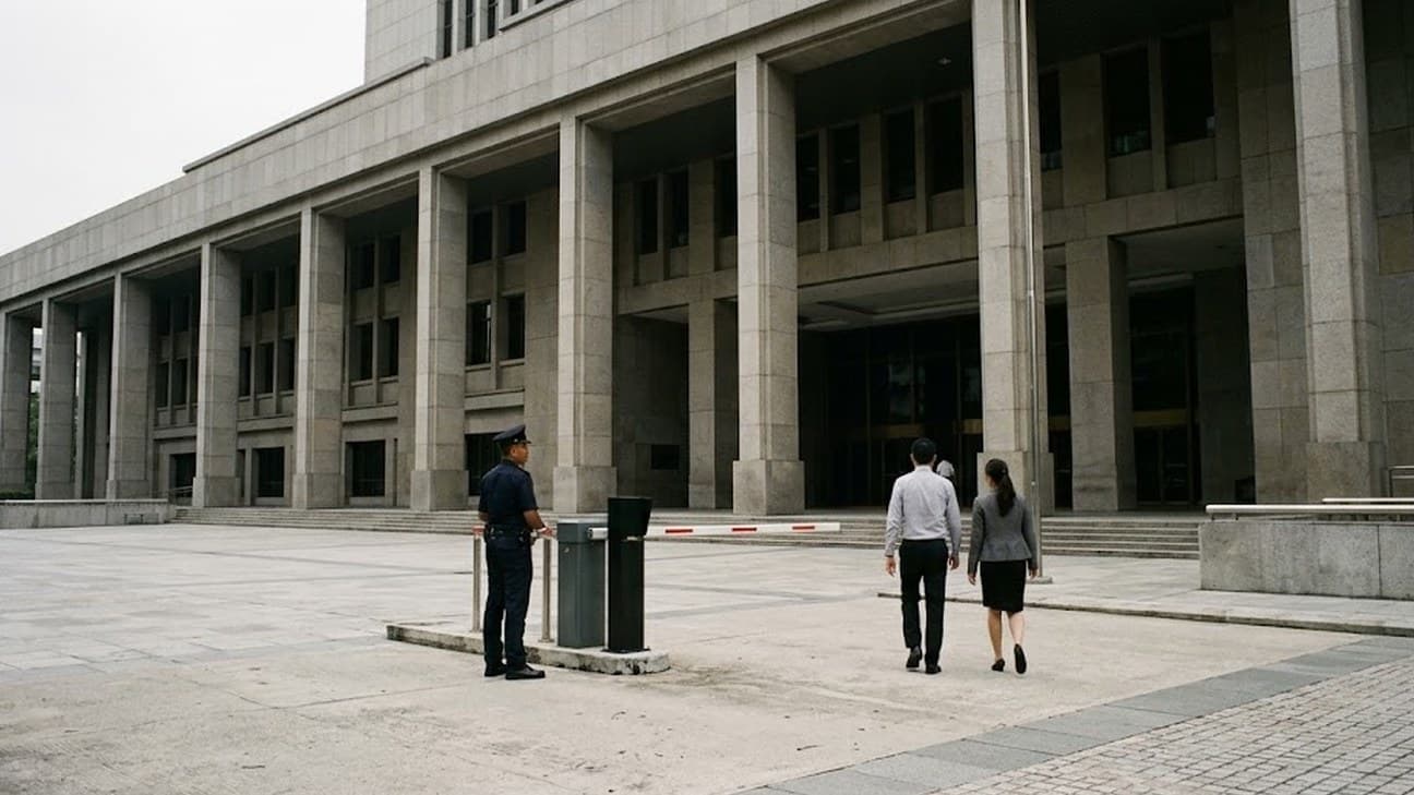 A uniformed security guard stands at a barrier checkpoint on the forecourt of a stone-clad institutional building while two office workers walk toward its entrance under overcast light.
