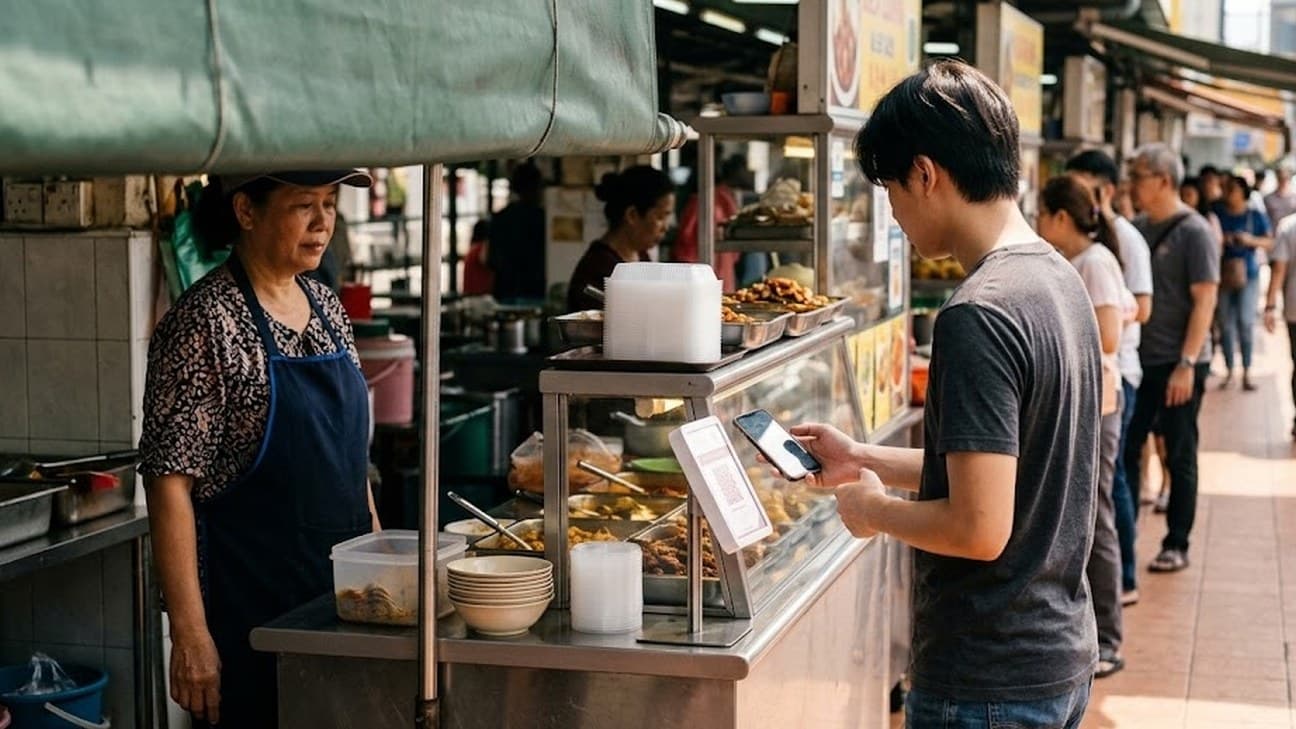 A customer holding a smartphone toward a counter-mounted QR payment reader at a busy Kuala Lumpur hawker stall at midday, with the vendor in an apron facing him across the counter.