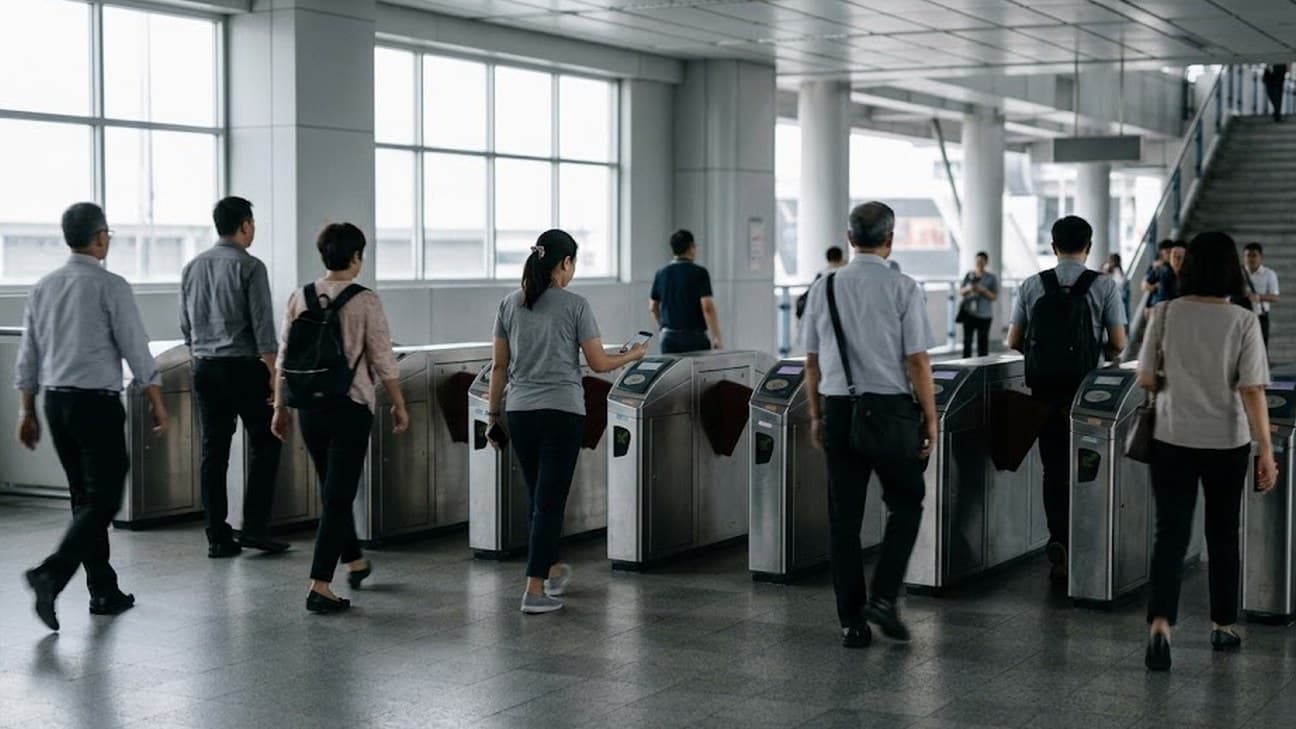 Commuters walking through contactless fare gates in a bright elevated station concourse, one holding a phone near a card reader, seen mostly from behind.