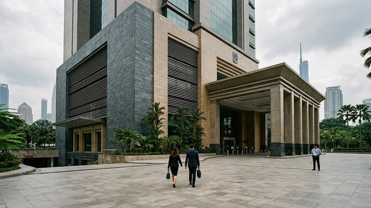 Two office workers seen from behind walk across a paved forecourt toward the colonnaded entrance of a stone-and-glass institutional building in Kuala Lumpur, while a uniformed security guard stands to the right under overcast skies.