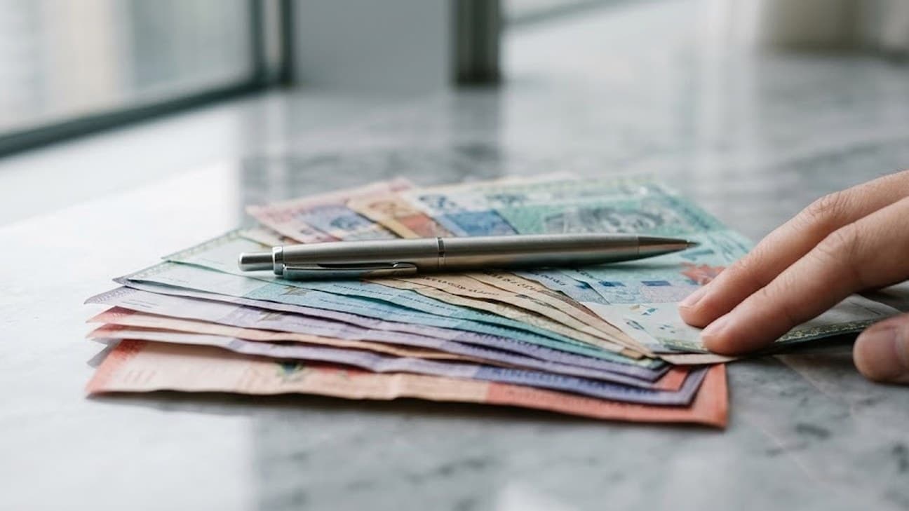 A fanned stack of multicoloured banknotes on a grey marble surface with a steel pen resting across them, a single hand entering from the right edge with fingertips on the notes, soft overcast window light behind.