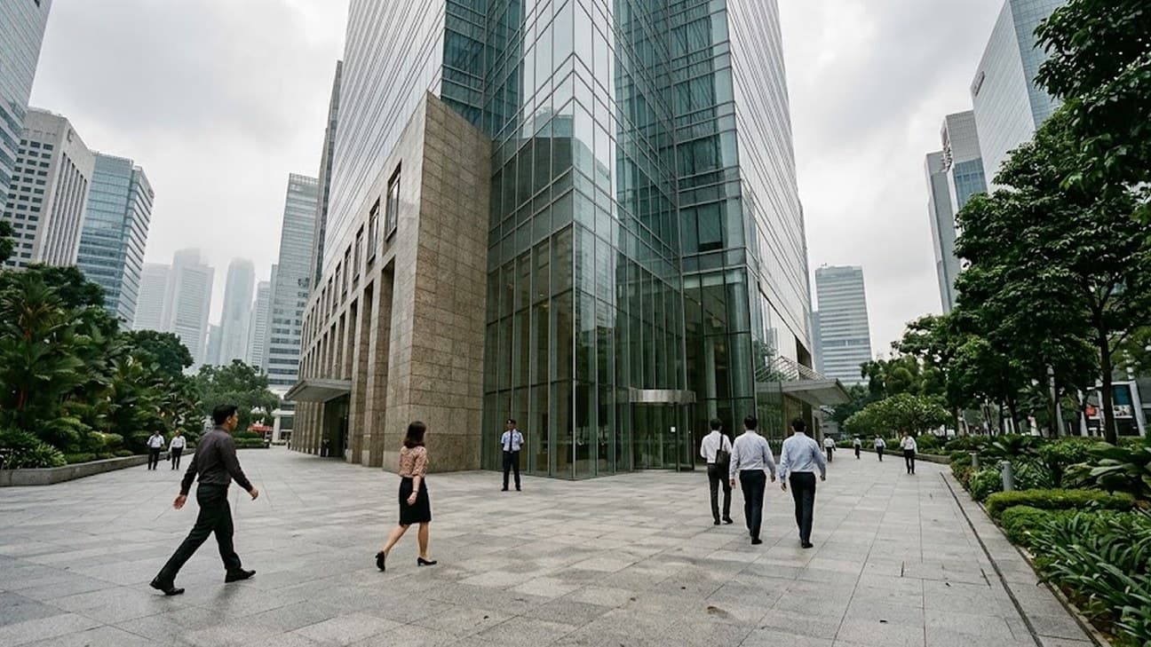 Office workers cross a granite plaza at the foot of a glass and stone bank tower in a Singapore financial district under overcast midday light, with a security guard standing near the entrance and tropical planting along the plaza edge.