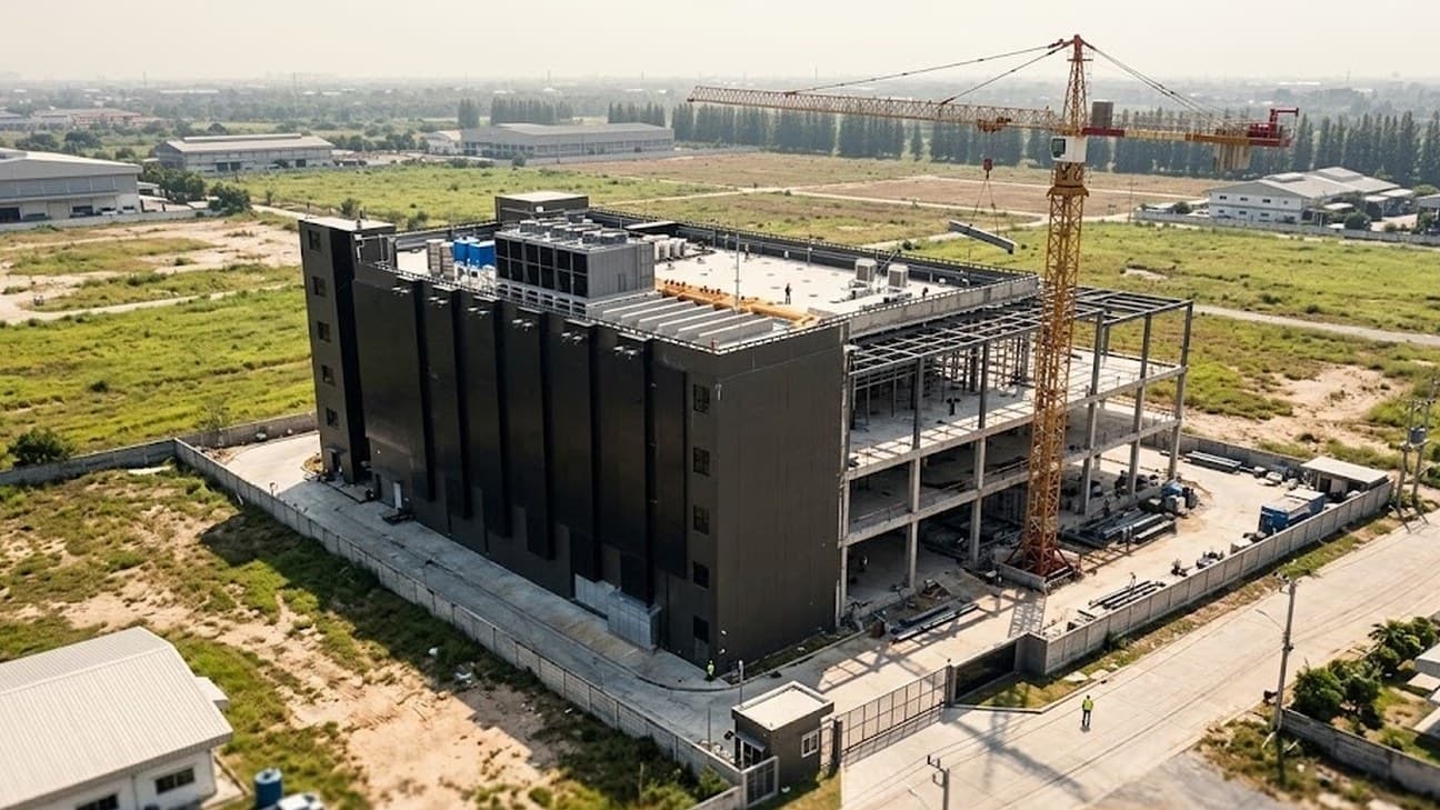 Photorealistic aerial photograph of a data centre construction site on the outskirts of Bangkok under hazy midday sun, showing a partly-built dark facade, exposed steel framing, a tower crane and a walled perimeter, with anonymous hi-vis workers visible near the rooftop and the site entrance.