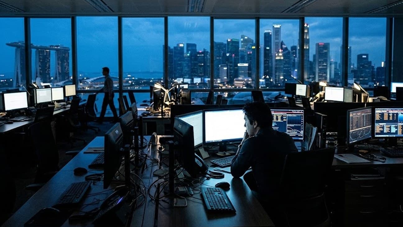 Photorealistic photograph of a trading and analytics floor in Singapore's financial district at dusk, rows of monitors displaying market data, one analyst seated at a desk facing his screens with his back to the camera, another figure walking past in the background, floor-to-ceiling windows showing the Marina Bay skyline lit up outside.