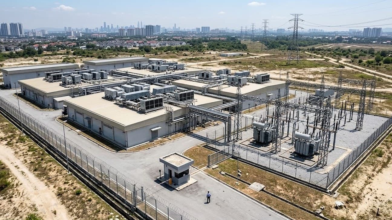 Photorealistic aerial photograph of a data-centre campus perimeter in Malaysia at hard midday light, rooftop cooling units and substation transmission lines visible, a security guard small in frame at a gatehouse checkpoint, transmission towers stretching toward the horizon.