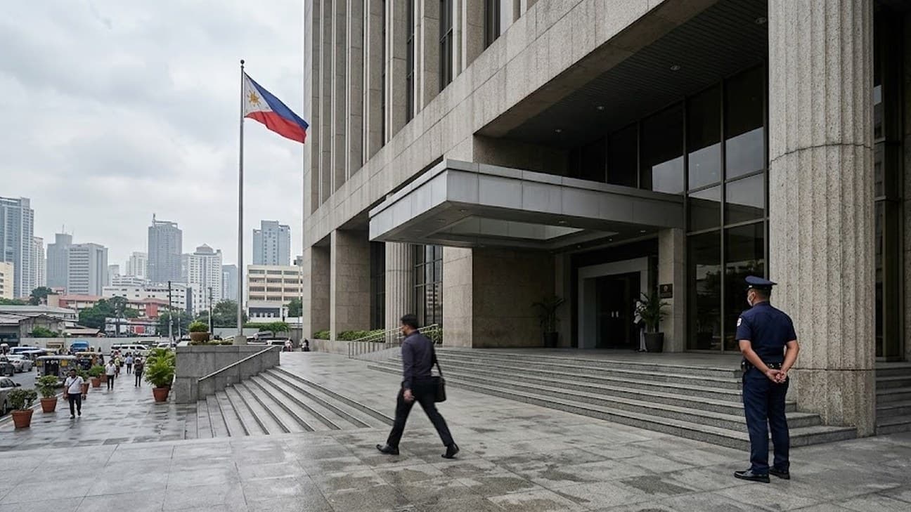 Photorealistic exterior photograph of a central bank headquarters building in Manila under overcast midday light, an anonymous security guard standing near the entrance and an office worker crossing the forecourt, with the city skyline visible in the background.