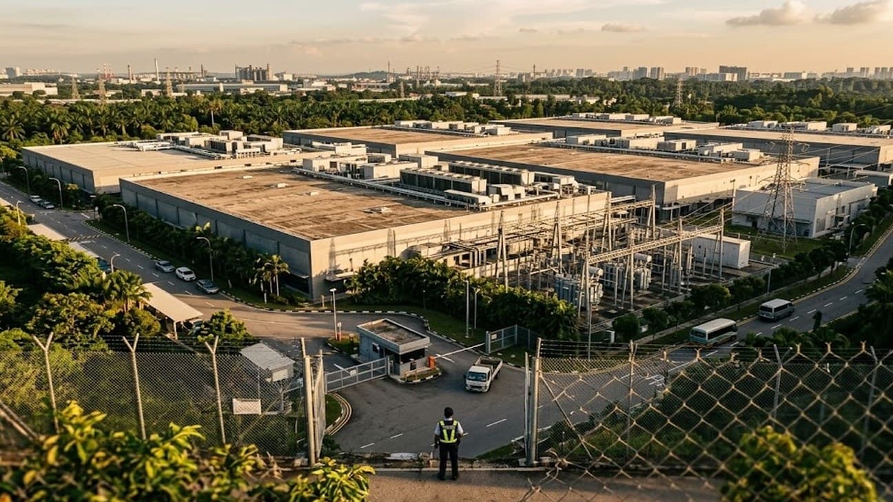 Photorealistic aerial establishing shot of a hyperscale data-centre campus exterior in golden-hour light, showing server-hall rooftops, cooling units, a perimeter security fence and gatehouse, with a lone security guard in a high-visibility vest standing near the checkpoint.