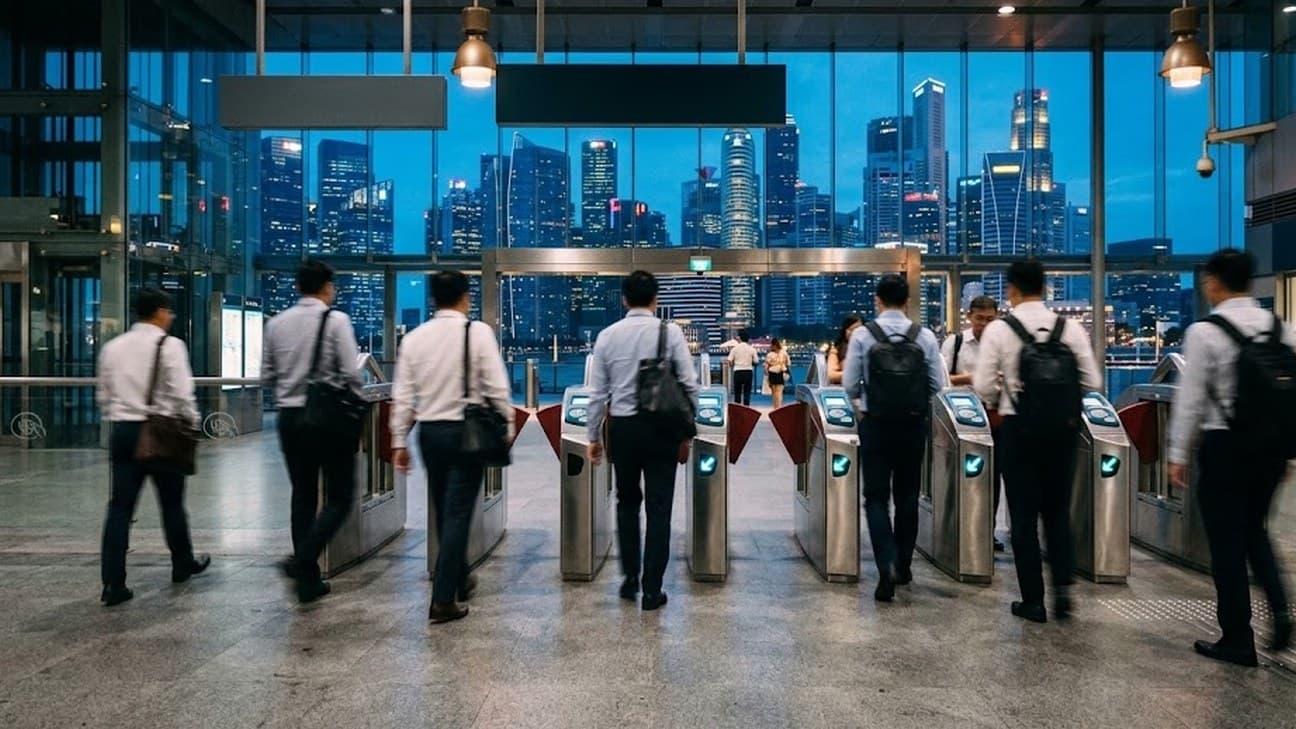 Photorealistic photograph of commuters walking away from camera through elevated payment turnstile gates in a Singapore MRT station concourse at pre-dawn blue hour, tapping contactless cards and phones against payment readers, with the city's financial-district skyline lit up through floor-to-ceiling glass in the background.