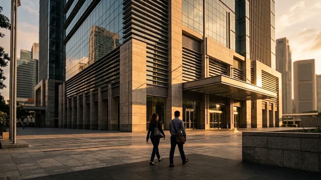 Photorealistic photograph of a modern financial regulator headquarters building in Singapore's financial district at golden hour, warm low-angle sunlight raking across the stone-and-glass facade, with two anonymous office workers in business attire walking away from the camera across the forecourt plaza toward the entrance canopy.